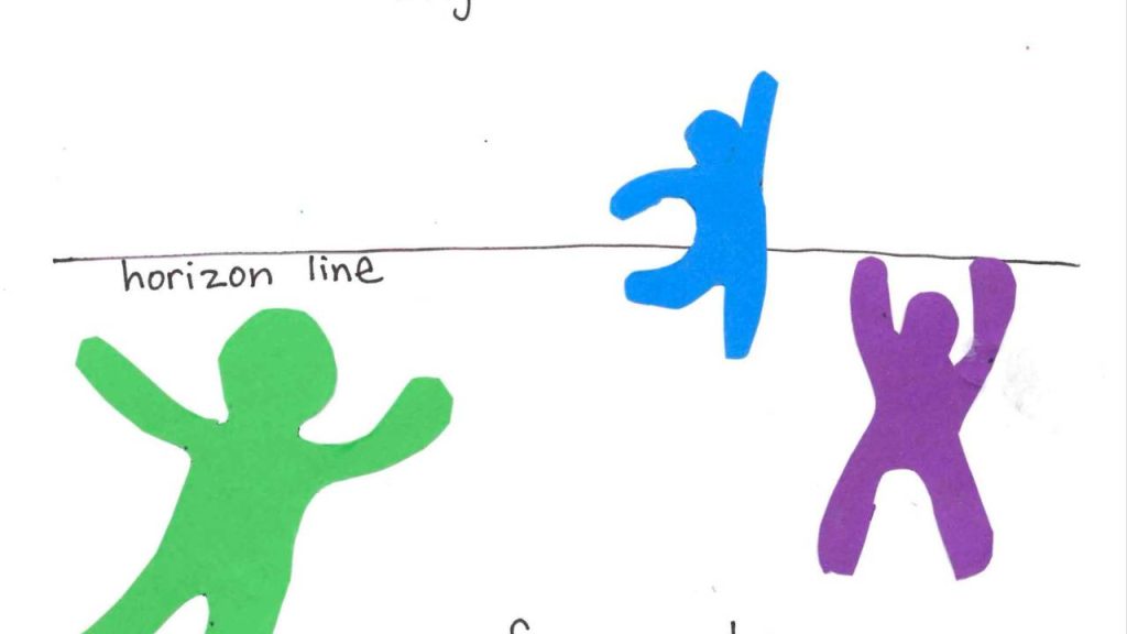 A collage shows three colorful paper figures near a labeled horizon line