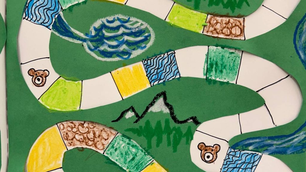 A hand-drawn game board-style path winds across a green background, with colorful squares and illustrations of waves, bears, and mountains.