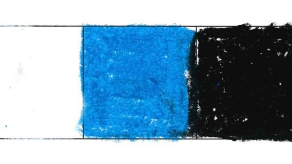 A horizontal value scale drawn in pencil, divided into three equal squares. The left square is left white (lightest value), the middle square is filled in a vibrant medium blue tone, and the right square is colored solid black (darkest value), illustrating a progression from light to dark values.