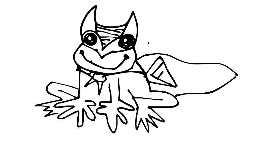 A black ink drawing of a smiling cartoon frog wearing a superhero mask and cape, with a large letter F on the cape and wide, exaggerated hands and eyes