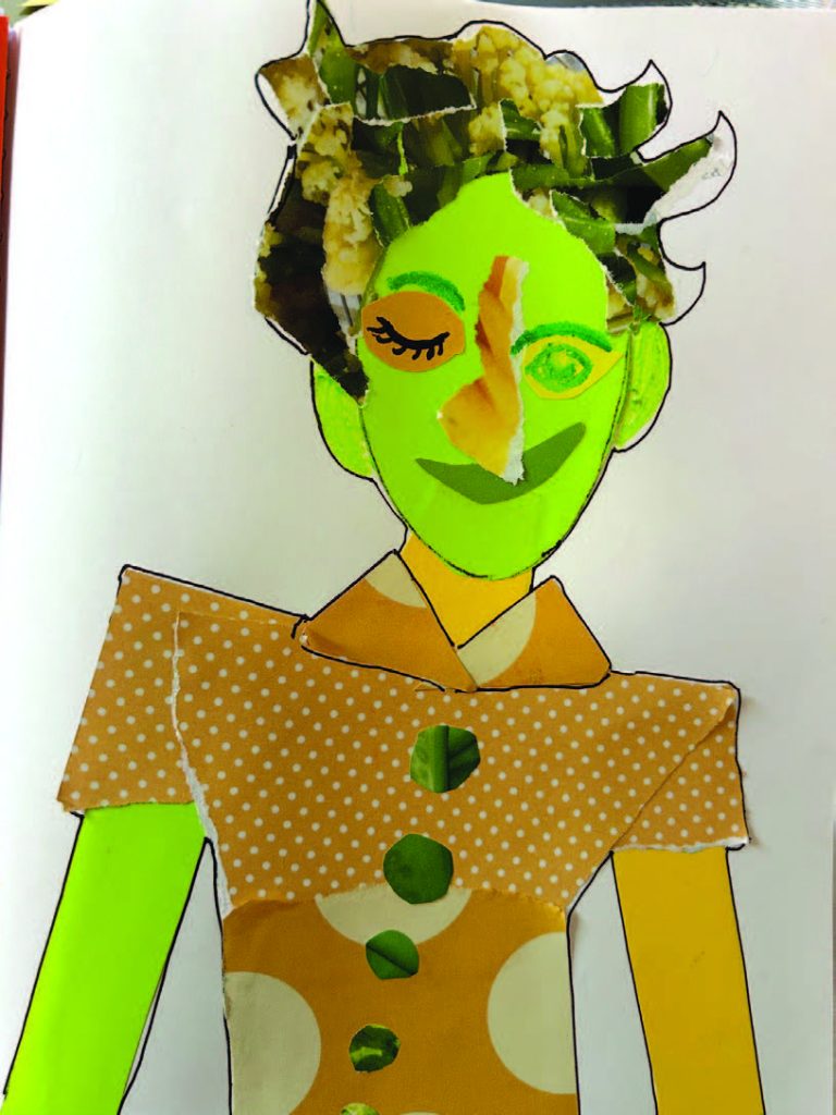 A bright green, mixed-media portrait features a person