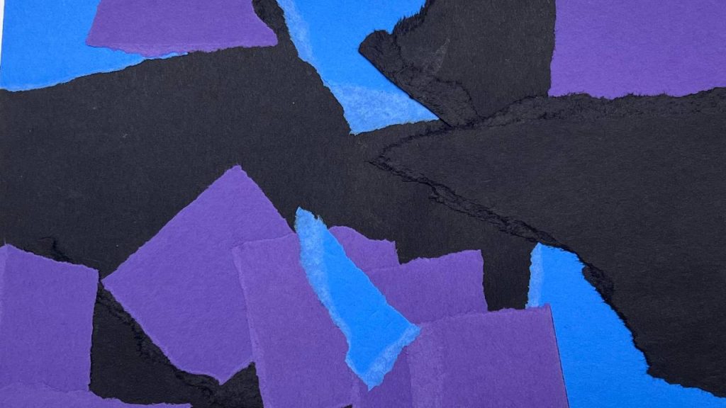 A collage composed of torn pieces of blue, purple, and black paper layered over one another, creating an abstract landscape with jagged edges and textured contrast