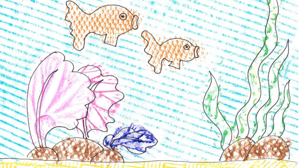 A colorful underwater scene features two orange fish, seaweed, coral, and rocks made with crayon textures and line rubbings.