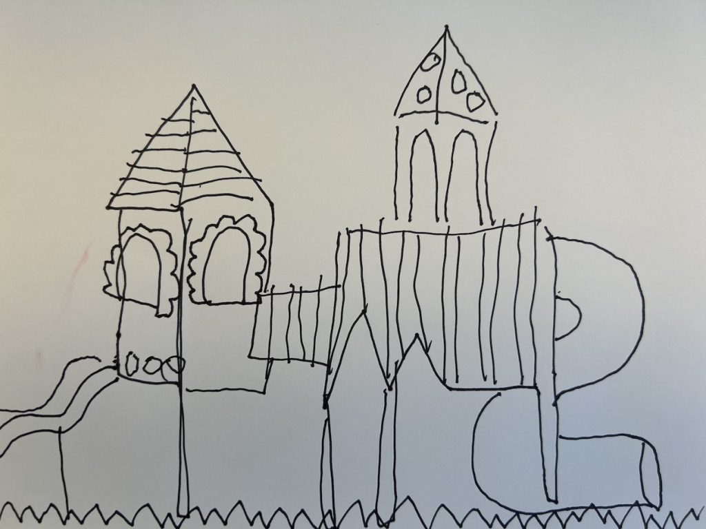 A black line drawing of a playground structure featuring two connected towers with pitched roofs, curving slides, arched windows, and zigzag ground elements, likely created by a young student.
