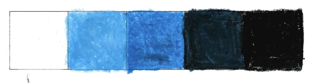 A five-step color value chart transitioning from white to black using shades of blue, created with textured art materials like oil pastels or crayon.