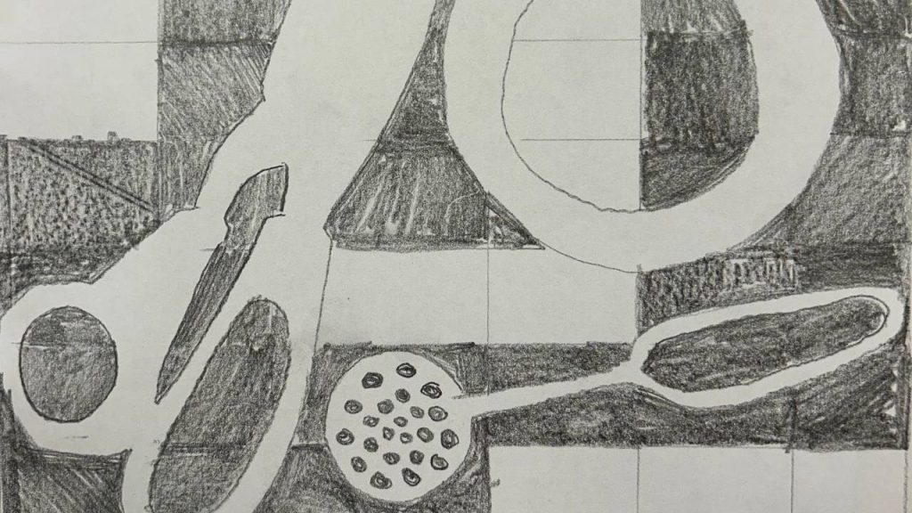 A pencil drawing features kitchen utensils—scissors, a strainer spoon, and a circular object—outlined in white against a checkerboard background shaded in various tones of gray.