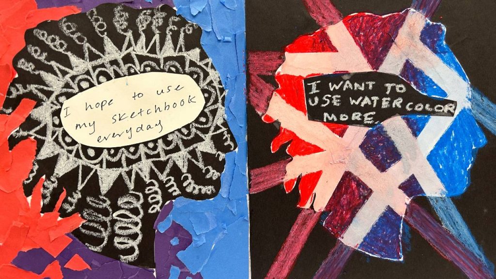 Two colorful silhouette-style artworks side by side, each filled with abstract patterns and personal art goals written inside—one reads “I hope to use my sketchbook everyday,” and the other says “I want to use watercolor more.