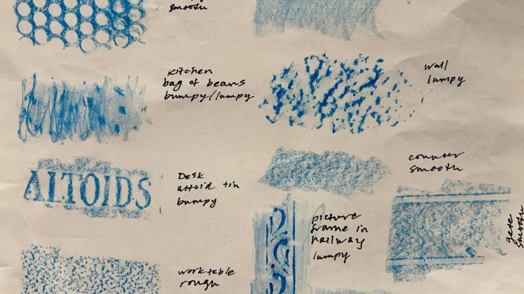A collection of blue crayon texture rubbings on white paper, each labeled with the surface it was taken from—such as “ALTOIDS tin,” “wall,” “kitchen bag of beans,” and “picture frame in hallway”—noting whether the texture is smooth, bumpy, or rough.