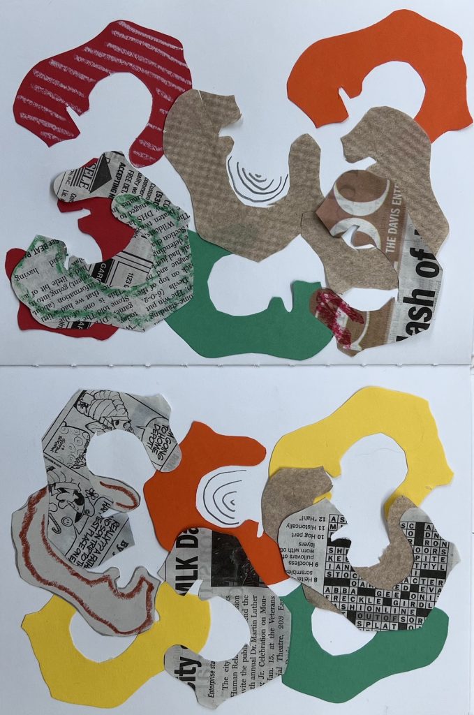 A colorful student collage artwork made from torn and cut pieces of paper, including newspapers, cardboard, construction paper, and patterned materials. The abstract "splotch" shapes are arranged across two pages with bold colors like red, yellow, green, and orange, creating a textured and playful composition.