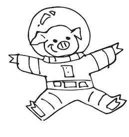 A whimsical black-and-white student drawing featuring an astronaut pig jumping mid-air.