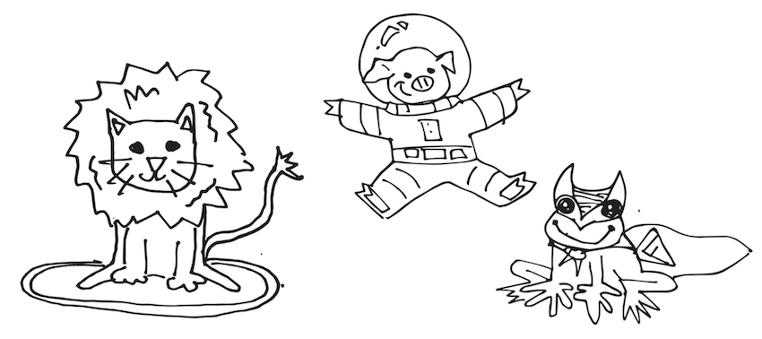 A whimsical black-and-white student drawing featuring a lion with a cat’s face on a rug, an astronaut pig jumping mid-air, and a superhero frog wearing a cape and mask.