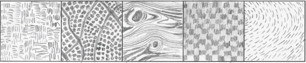 Pencil drawing split into five boxes, each showcasing a distinct texture pattern: cross-hatching, dotted curves, woodgrain swirls, checkered shading, and radiating dash lines.