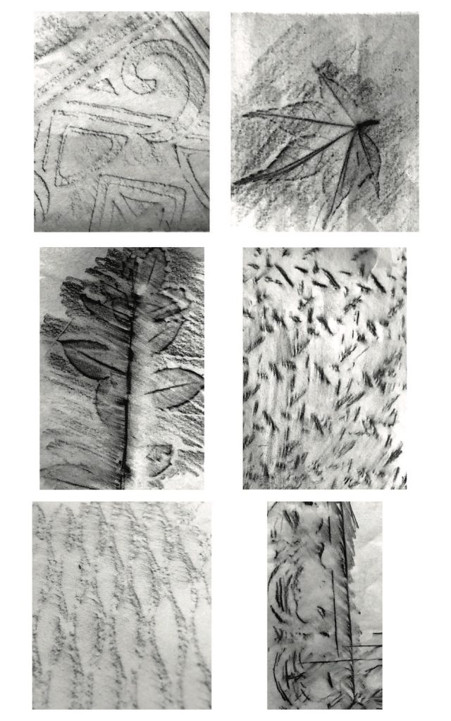 A collage of six pencil rubbings on white paper, each showing a unique texture or surface pattern, including leaf veins, intricate carvings, and repeating shapes. The rubbings are in grayscale and arranged in a grid-like layout.